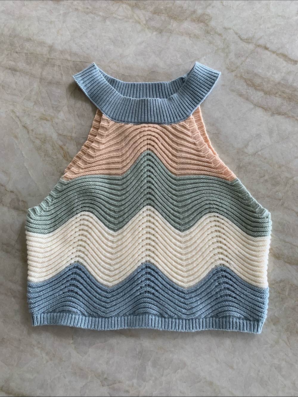 MARBLE Chevron Halter Crop Top in Sage, Peach & Cream Blue